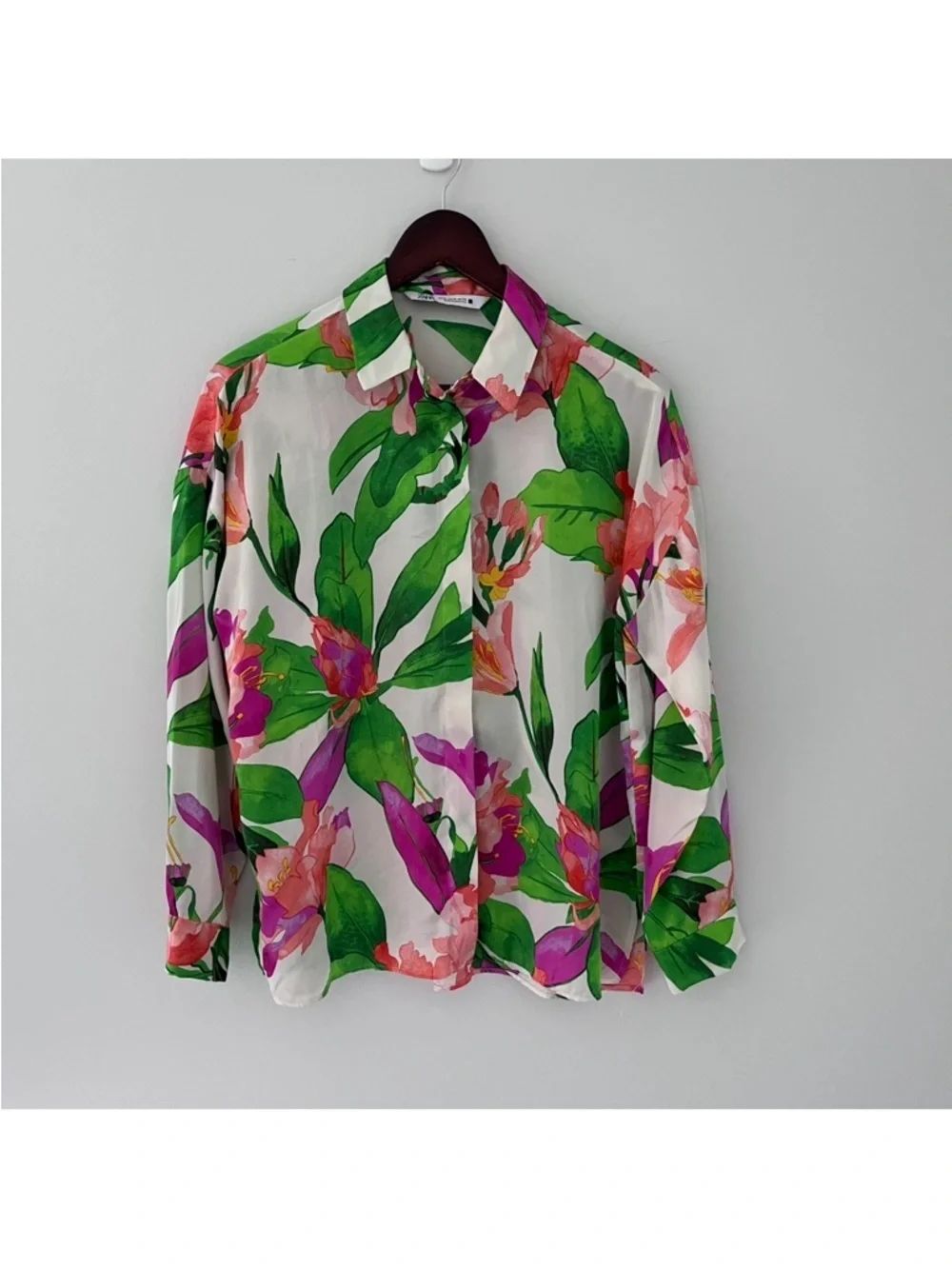 Zara Tropical Floral Button Down Blouse XS Pink Green Resort Shirt - Picture 3 of 8